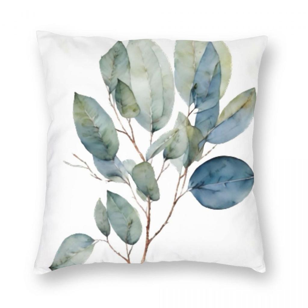 Teal Green Eucalyptus Leaves Square Pillowcase Polyester Linen Velvet Creative Zip Decorative Sofa Cushion Cover