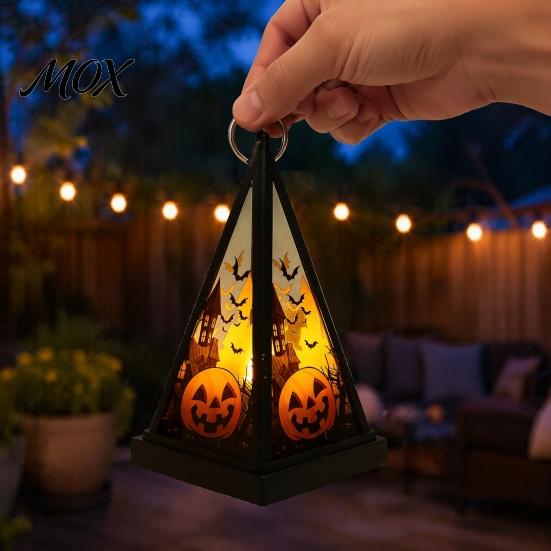 Vintage Style Table Lamp Halloween Lantern LED Candle, Spooky Pumpkin Witch Tabletop Decor with Decorative Holiday Lighting Metal Hanger, Electronic