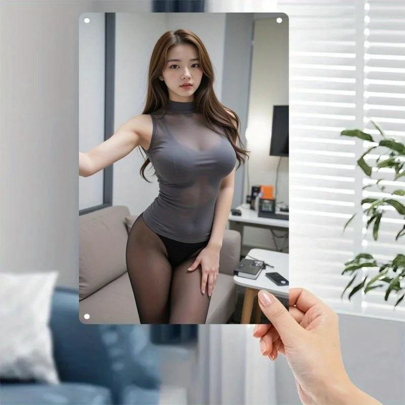 Retro Tin Poster Wall Decor2D Flat Metal Sign Plate - Elegant Female Silhouette Poster with Chic Outfit Dura