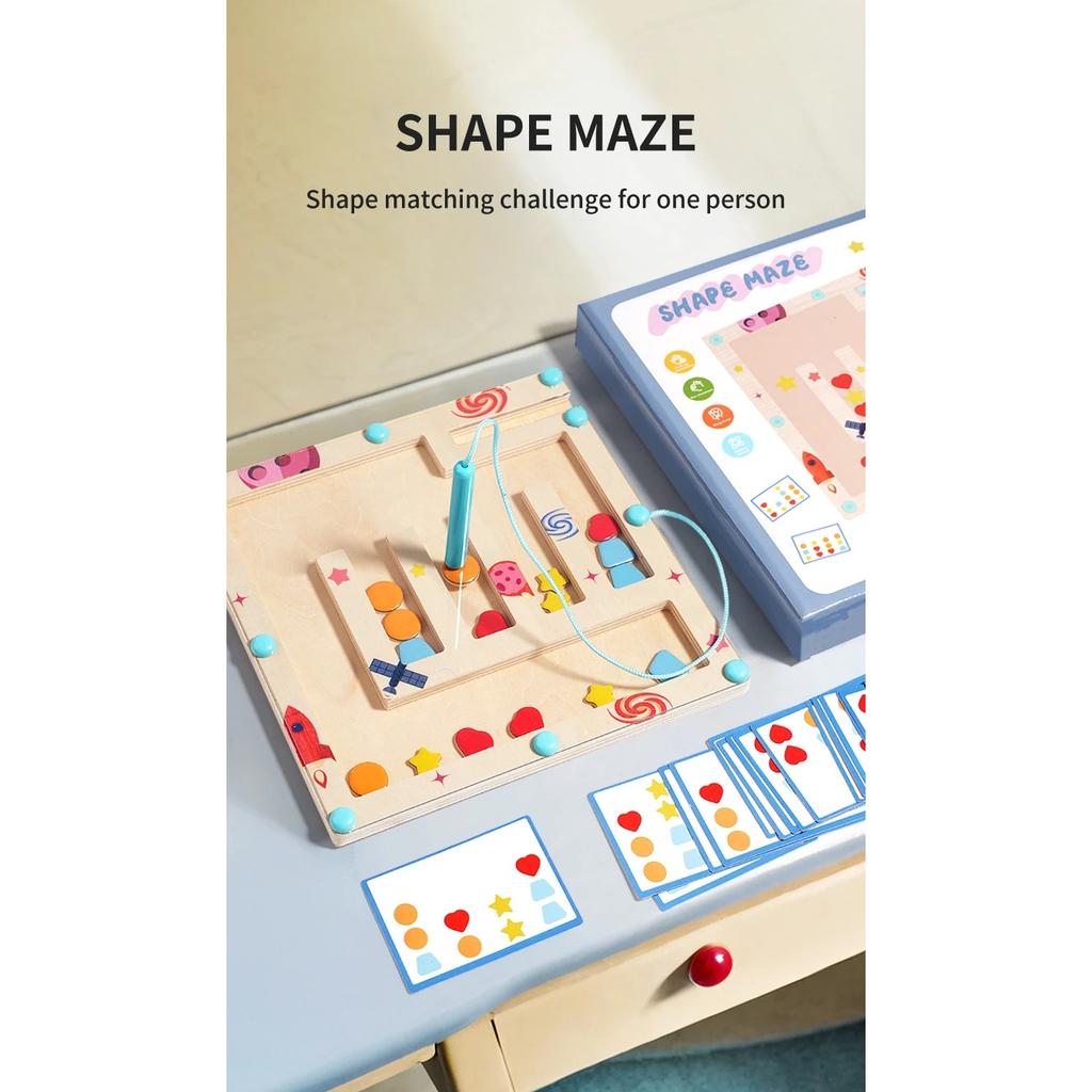 Wooden Color Shape Magnetic Maze Magnetic Sorting Travel Board Montessori Puzzle Toy Educational Learning for Age 3+ Fine Motor