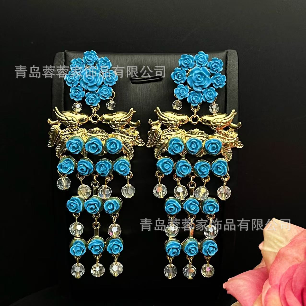 

Antique Jewelry Blue Rose Tassel Earrings Light Luxury High-end Temperament Vintage Niche Women