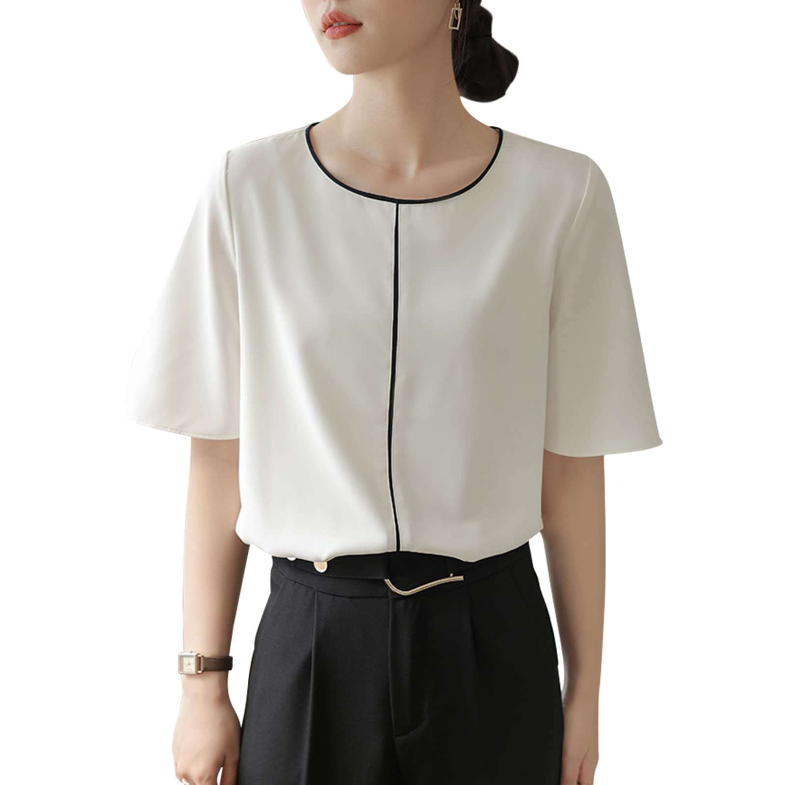 

Блузки с коротким рукавом, круглым вырезом, свободного кроя и летним коротким рукавом, большие на каждый день [MEME XTRA] Женщины, Топы, Рубашки, Пуловеры, Посадка, Сшитые, Одежда, белый