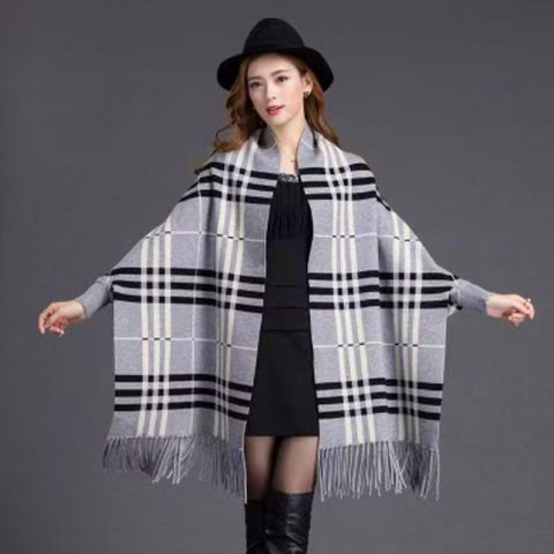 

Полосатый клетчатый плащ с кисточками, женский свитер, шарф, шаль, рукава «летучая мышь», в сочетании с теплым кардиганом one size серый