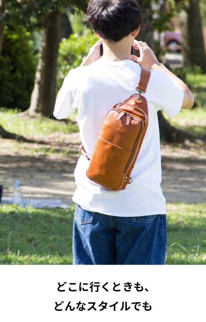 [aso] Genuine Leather Body Bag, Men's Cowhide Leather Pouch, One-Shoulder Bag, CH-P123 (Khaki)