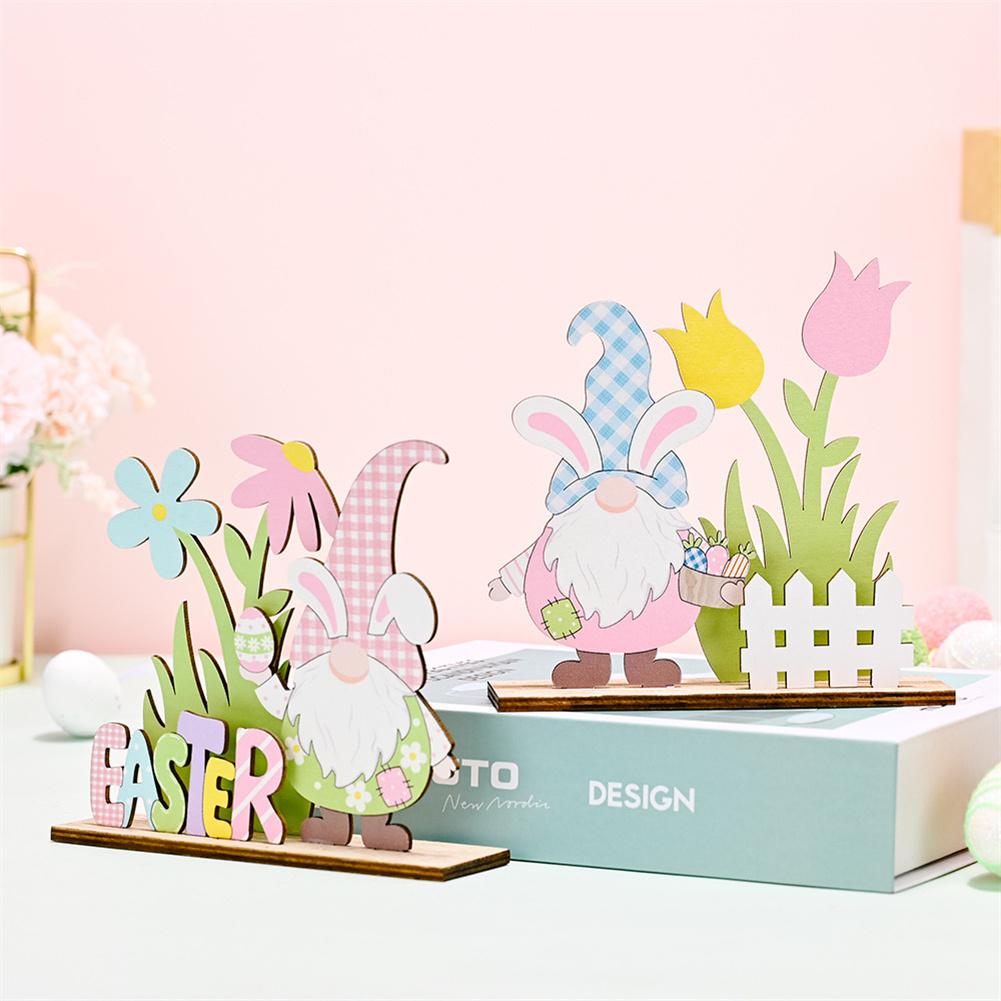 Colorful Wooden Easter Ornament Dwarf Rabbit Flower Element Portable Beautiful Eye-catching Table Decoration for Easter Party