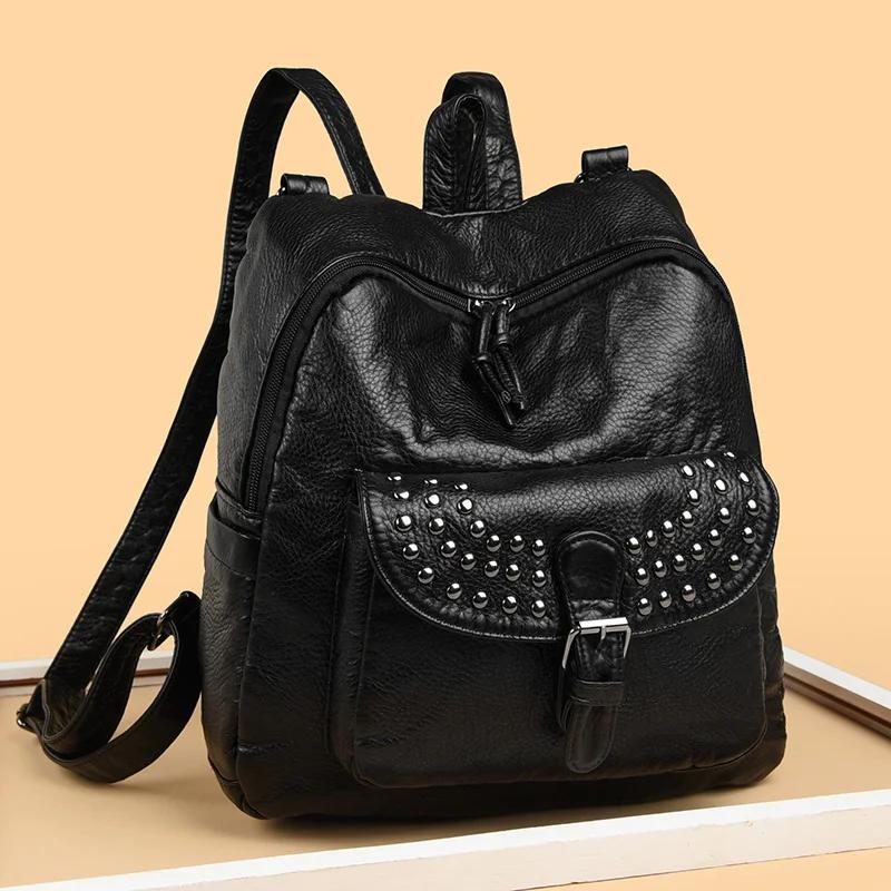 2025 Soft Leather Women Backpacks Rivet Multifunctional Shoulder Bags Female Retro Travel Teenage Girl Fashion Schoolbag