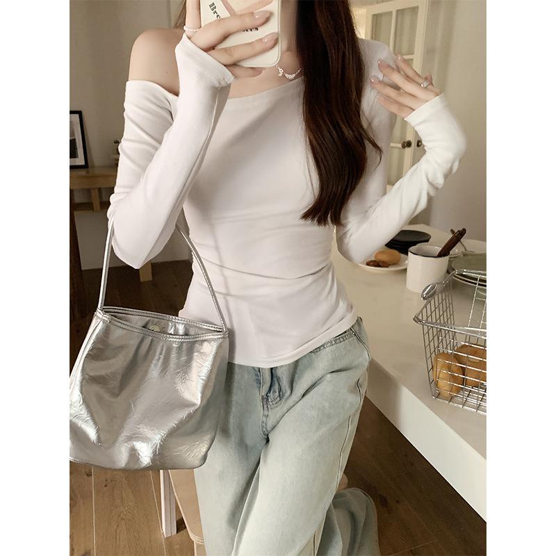 Spring Autumn Sloping Shoulders Sexy Fashion T-shirt Women Long Sleeve All-match Slim Tee Pullover Top