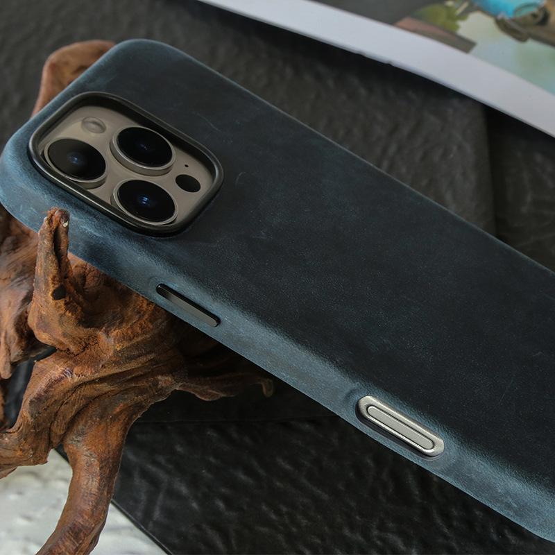 

Magnetic Wireless Charging Crazy Horse Leather Case for iPhone 16 Pro Max 17 15 Pro 14 All-inclusive Protection Matte Phone Case iPhone 14 синій