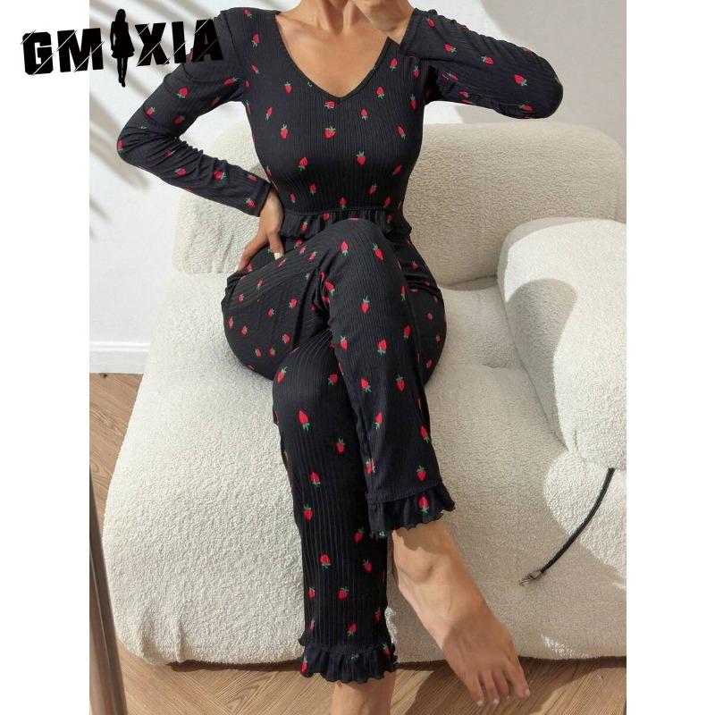 

GMXIA Pajamas Sexy Ruffles Long-sleeved Trousers Casual Wearable Ladies Homewear Two-piece Set XL чёрный