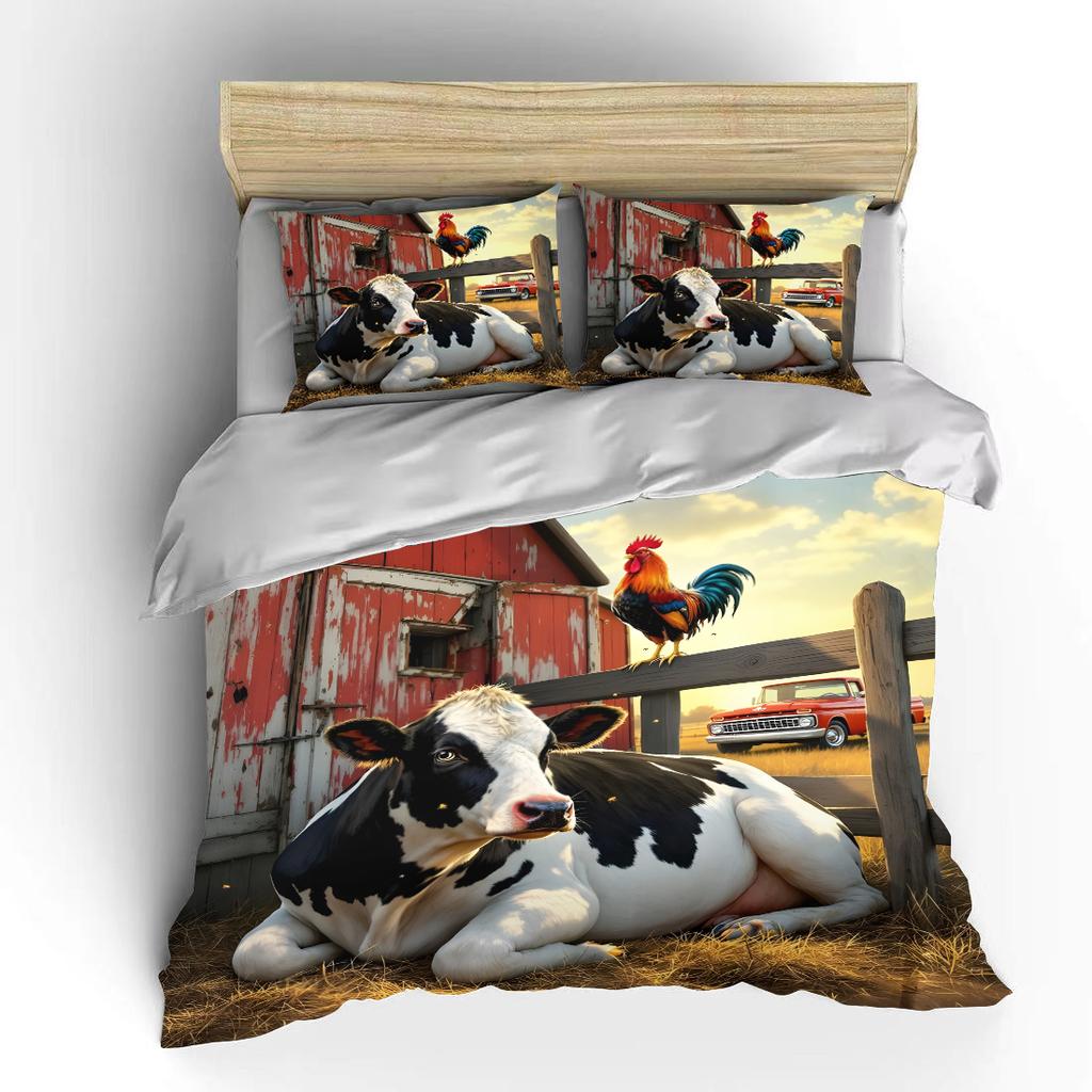 Farm Theme Cow And Rooster Print Soft Comfortable Duvet Cover Bedding Set Included 1*Duvet Cover  2*Pillowcases Luxury Gifts
