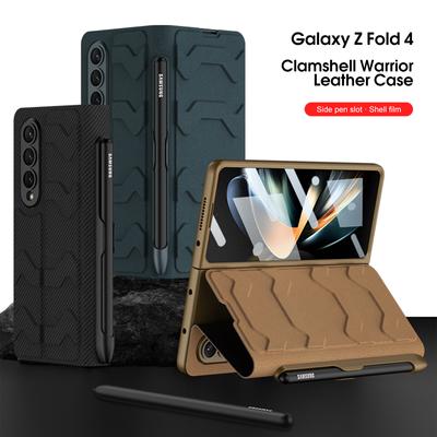 Vlnitá kůže pro pouzdro Samsung Galaxy Z Fold 4 Skleněná fólie Ochranná fólie na displej Držák na pero Stojánek Kryt