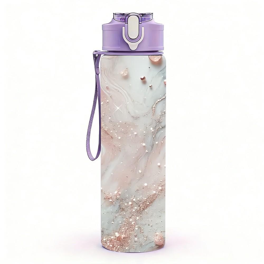 1PC Blush Pink Stone Marble Pattern 750ml Color Plastic Sports Water Bottle Leakproof Flip Straw Lid Suitable for Sports Office Home Use