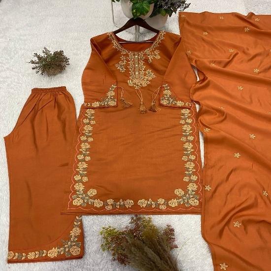 Charismatic Embroidered 3-Piece Silk Straight Kurta Pant Set