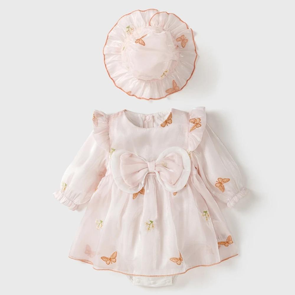 Vår Höst Söta Rosa Babyflickor Romperklänning Utomhus En Del Prinsessajumpsuit Spädbarn Fjärilsbody med Mössa 6-18M