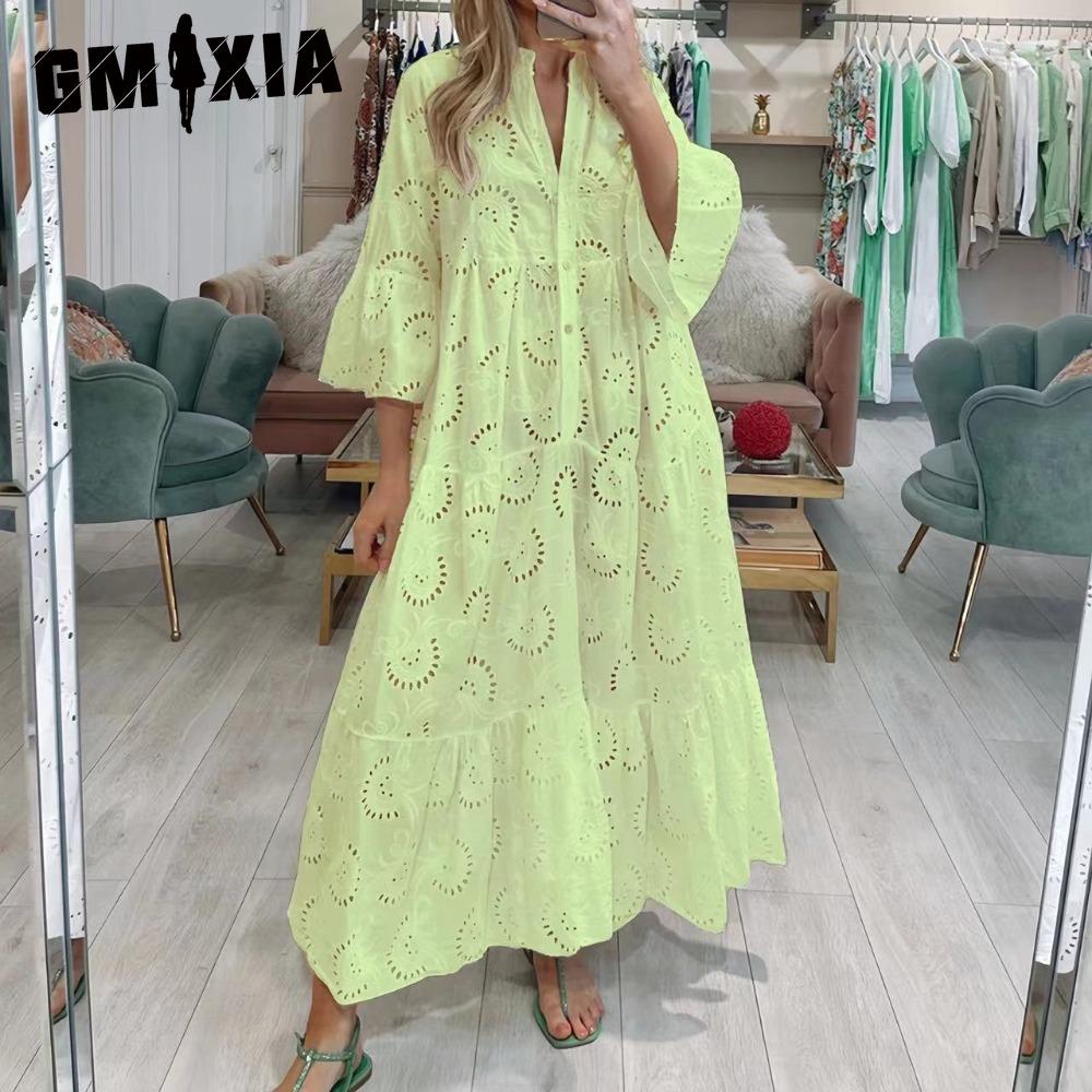 GMXIA 8 Colors S-5XL Women's Fashion Summer Spring Solid Color Print 3/4 Sleeve V-Neck Casual Dresses