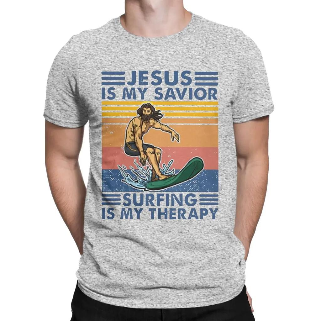 Jesus Is My Savior Surfing Is My Therapy T-Shirt Men Leisure Cotton Tees Crewneck Short Sleeve T Shirt Gift Tops
