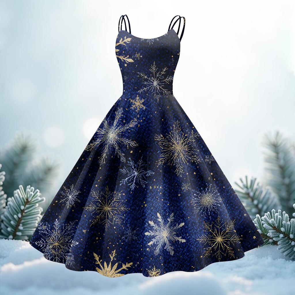 Women's Christmas Print Casual Fashion Round Neck Mid-Length Dress