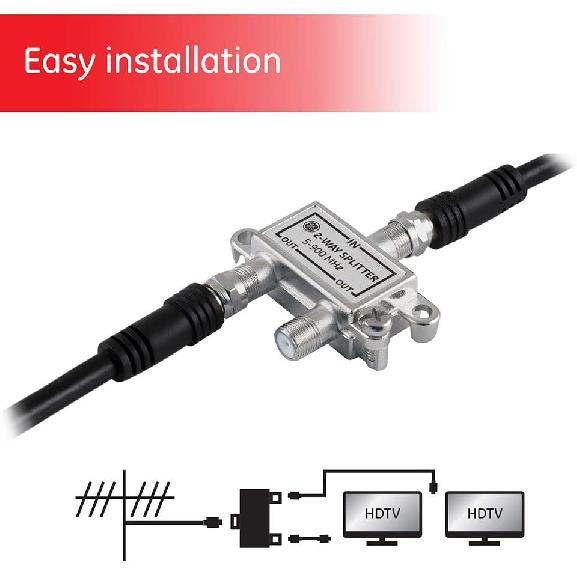 GE 2-Way Coaxial Cable Splitter, 5-900 MHZ Range, RG59 RG6 Coax Compatible, Audio, Video, Works with HD TV, Cable, Amplifiers, Amplified Antennas,