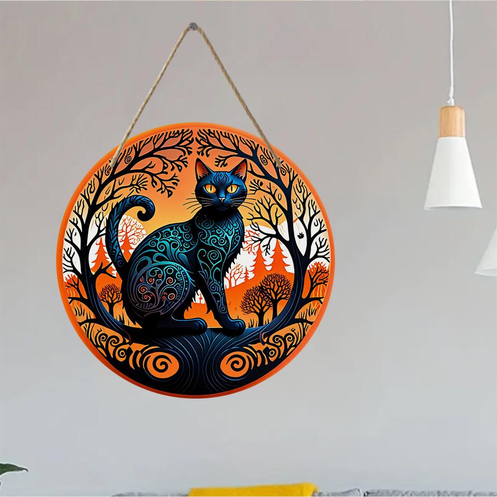 Decorative Black Cat Nature Landscape Print Round Wooden Hanging Plaque Indoor Wall Art Ornament Festival Home Decor Gift for Cat Lovers