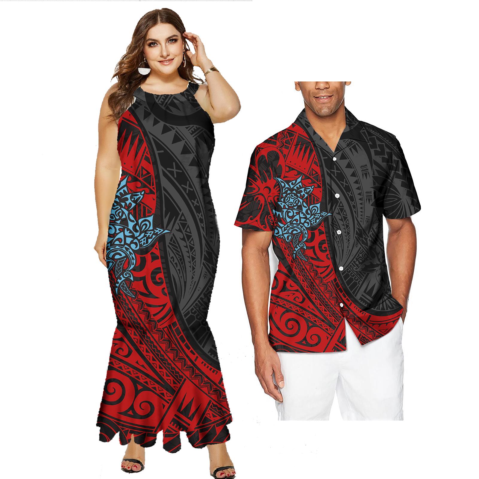 New Arrival Couple Outfit Sets for Valentine s Day Polynesian Pattern Women Club Dress Match Shorts Sleeve Men Shirts MEN-XS