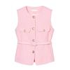 Summer New Product Women's Clothes Gold Decorated Row Button Sleeveless Round Neck with Belt Texture Vest Tops 2132091