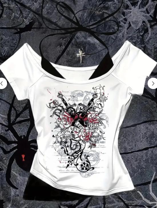 2026 Cross-border Sweet and Spicy Patchwork Punk T-shirt for Women - Irregular, Versatile Short-sleeved Top