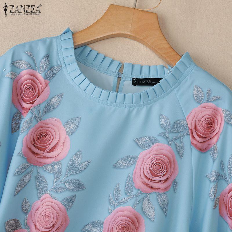 ZANZEA Women Floral Print Casual Round Neck Loose Short Sleeve Blouse