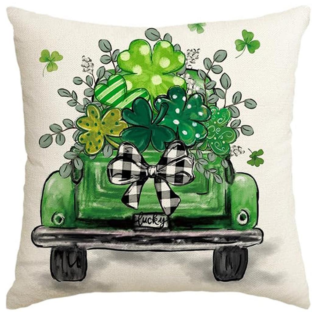 St. Patrick's Day Pillow Cover Line Printed Pillow Cover Green Four-leaf Crocodile Cushion Cover