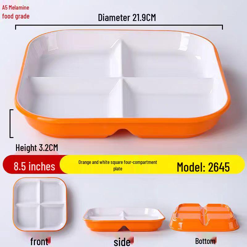 Four-Compartment Melamine Square Plate for Fast Food & Salads.
