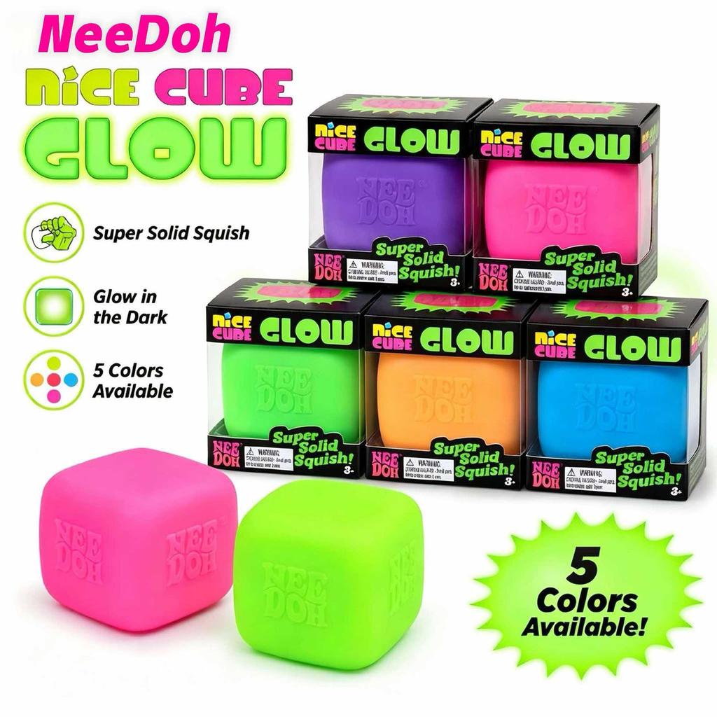 NeeDoh Glow Luminous Squish Ball Cube - Solid Color Squeeze Toy, 5 Colors Available