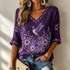 Women's 3D Print V-Neck Loose Fit Three-Quarter Sleeve T-Shirt