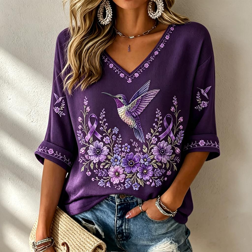 Women's 3D Print V-Neck Loose Fit Three-Quarter Sleeve T-Shirt
