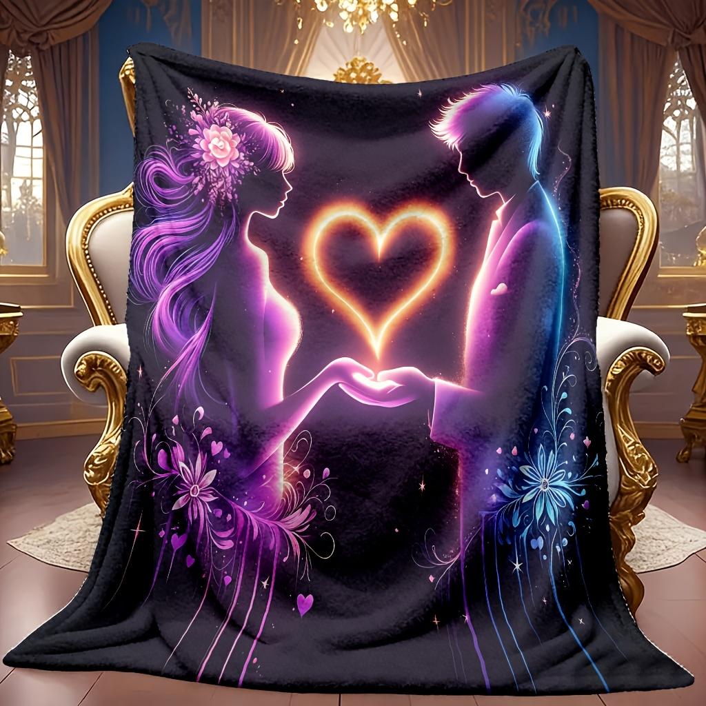 Romantic Couple Heart Pattern Flannel Blanket Soft High-Definition Digital Print Cooling Blanket All-Season, Family and Friends Gift Soft Breathable 1