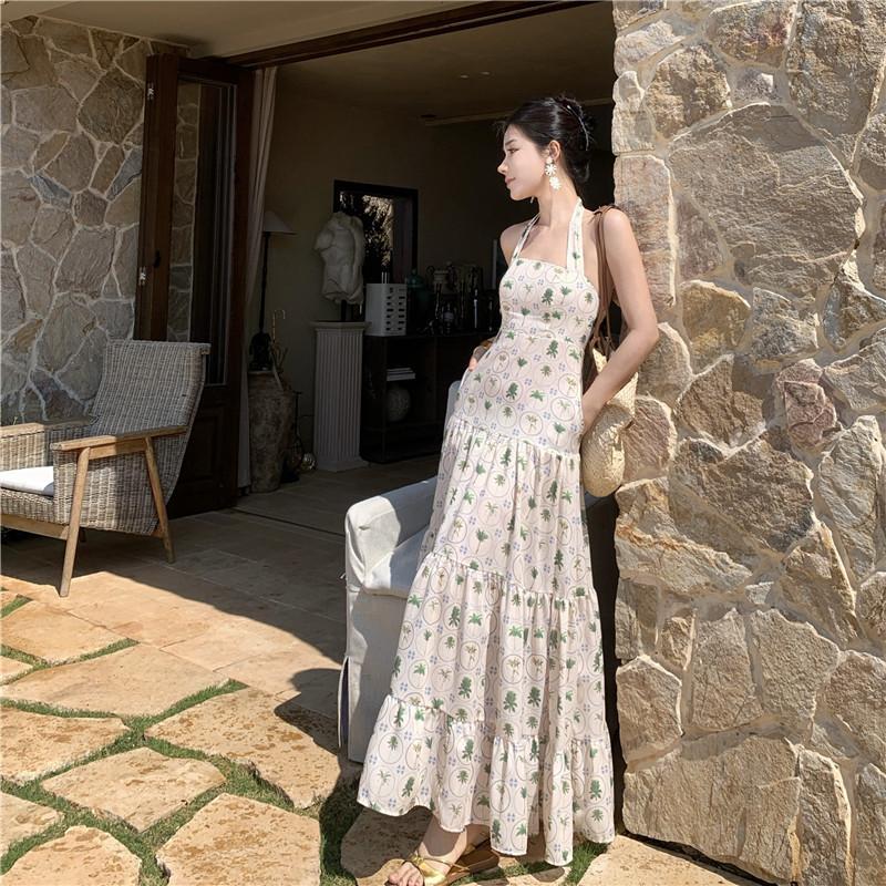 French Retro Beach Waist Slim Holiday Dress Neck Design Big Swing Skirt Temperament Slim Dress Women