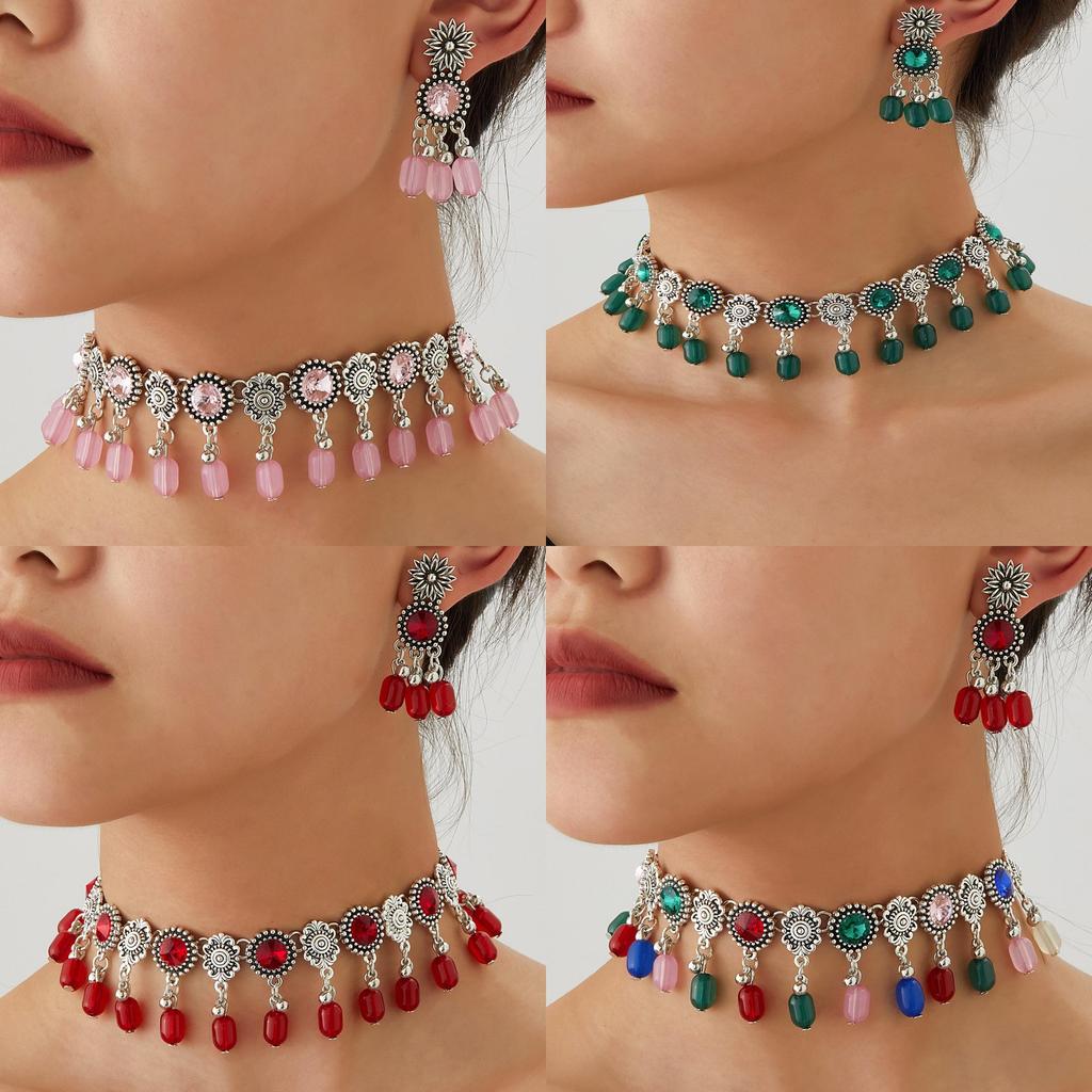Ethnic Style Vintage Necklace Set With Water Diamond Pendant For Women