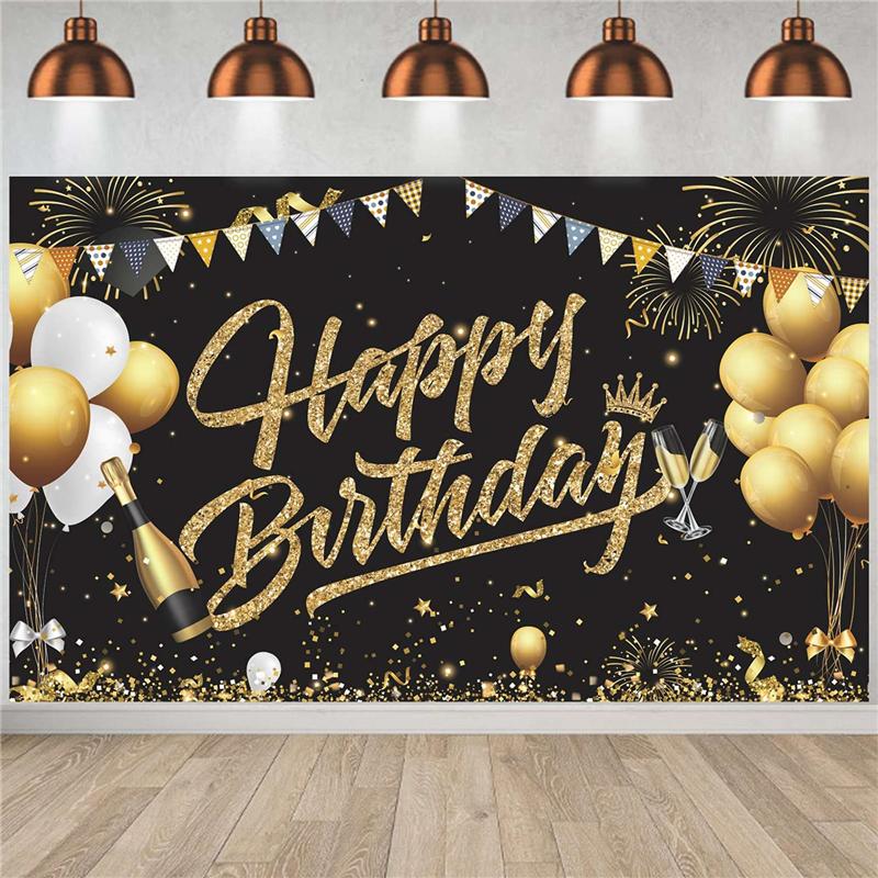 3X Birthday Backdrop Banner Black Gold Backdrop Sign Happy Birthday Party Decoration Set For Girls Men Women Celebration-B61B