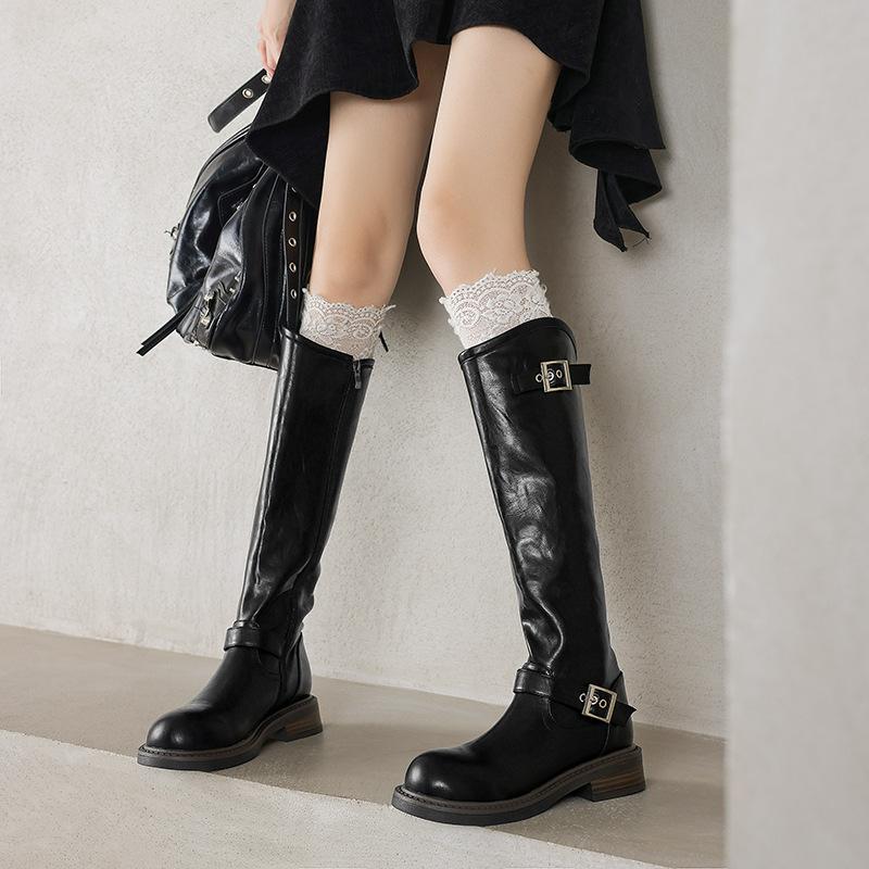 Autumn and Winter Women's Knight Boots Thick-soled New Large-size Leather Boots Round Head Low Heel Square Heel Comfortable Side Zipper High Boots