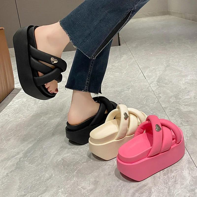 Summer 2023 Chunky Sandals Women's Thick Bottom Wedge Heels Slides 8CM High Heels Platform Leather Casual Beach Flip Flops Woman