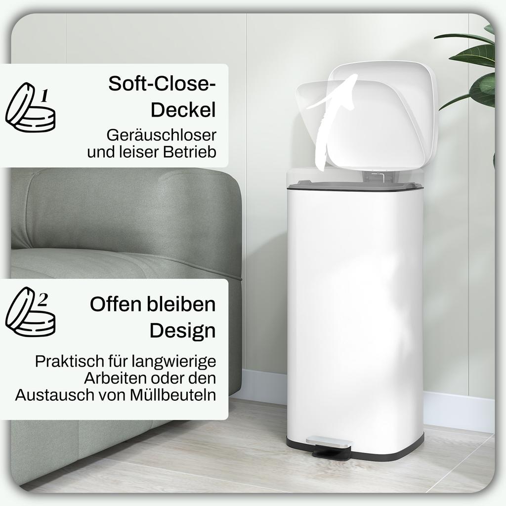 Trash Can 30L, Soft-Close Lid, Fingerprint-Proof, Foot Pedal, Metal/Plastic, 28x35x63.5 Cm, White