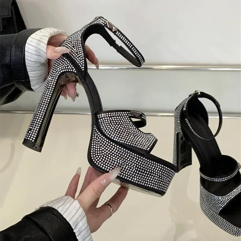 Luxury Designer Crystal Rhinestone Square High Heels Women Fashion Chunky Platform Sandals Summer Sexy Open Toe Party Prom Shoes