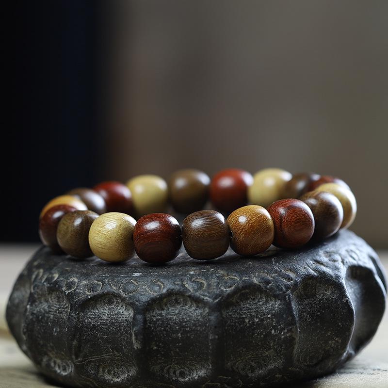 Retro Buddhist Bead Bracelet: Multi-Treasure Green & Purple Sandalwood, Single-Loop Unisex Jewelry