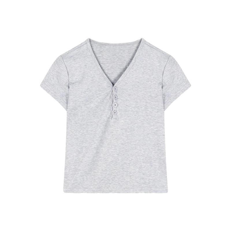 Damen Frühling Sommer Einfarbig Kurzarm T-Shirt V-Ausschnitt Schlank Kurz Crop Top Blusen Pullover S-XXL