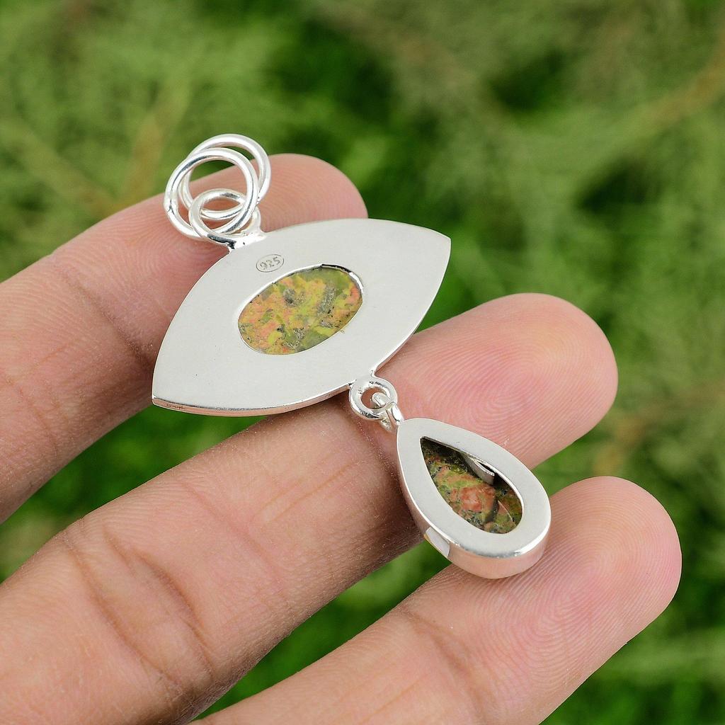 Oval Heart Chakra Unakite Gemstone 925 Sterling Silver Ethnic Handmade Pendant