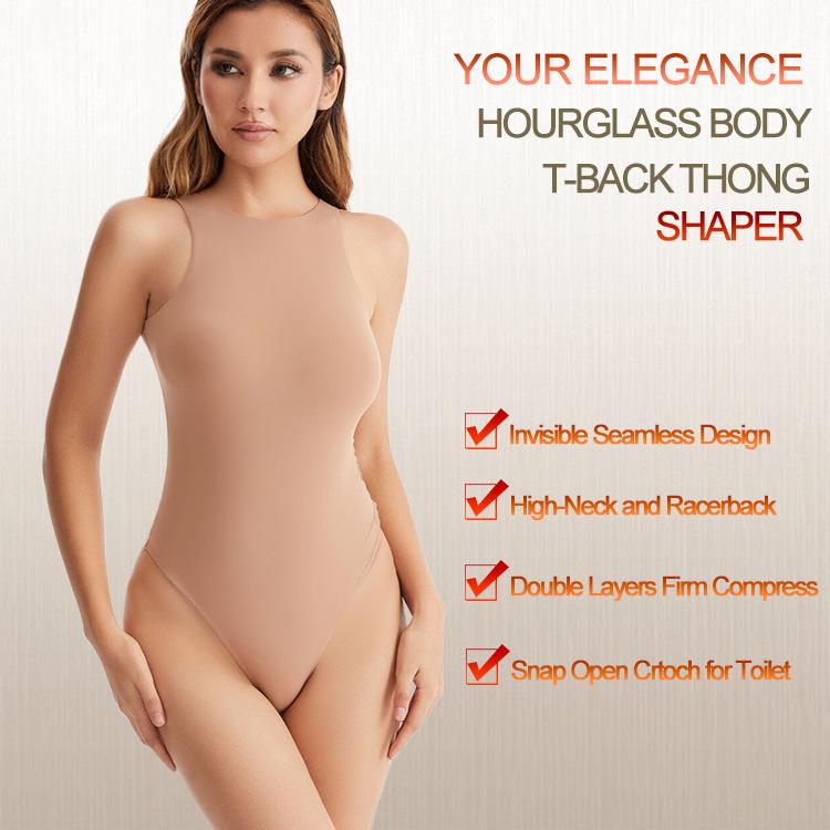 Kardashian Style Double-Layer High-Elastic Tummy-Control Bodysuit with Round Neck