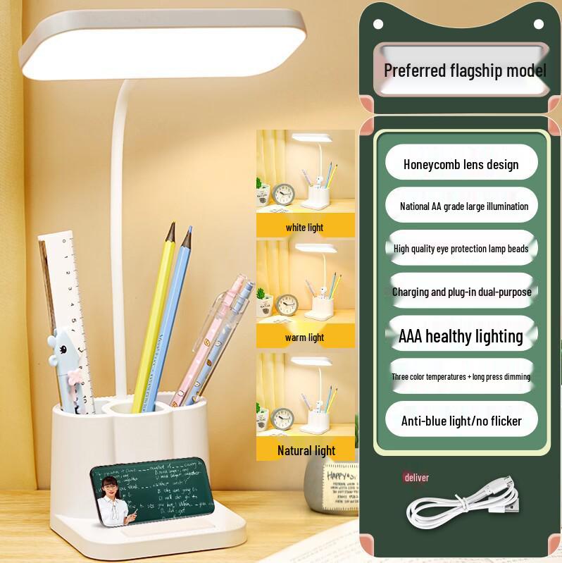 "Multifunctional Desk Lamp with Eye Protection, Touch Dimming, Reading Light, Pen and Phone Holder, and Dormitory Charging"