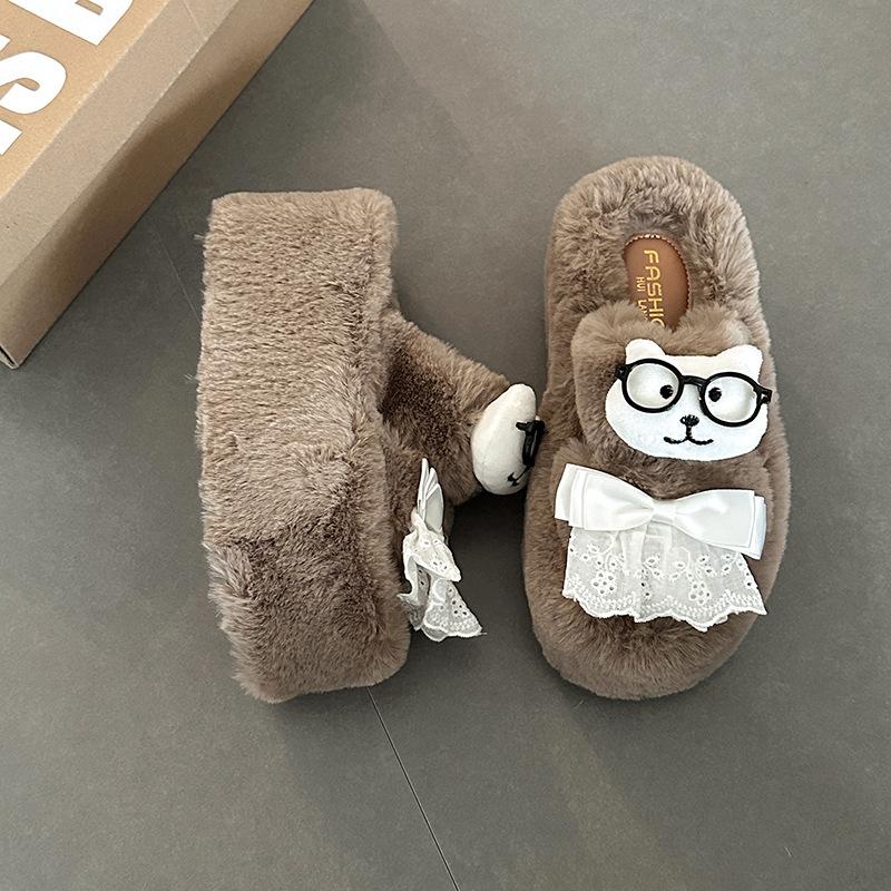 Bear casual bag head fluffy slippers women's 2025 autumn and winter new fashion warm home lazy shoes one-word cotton tow