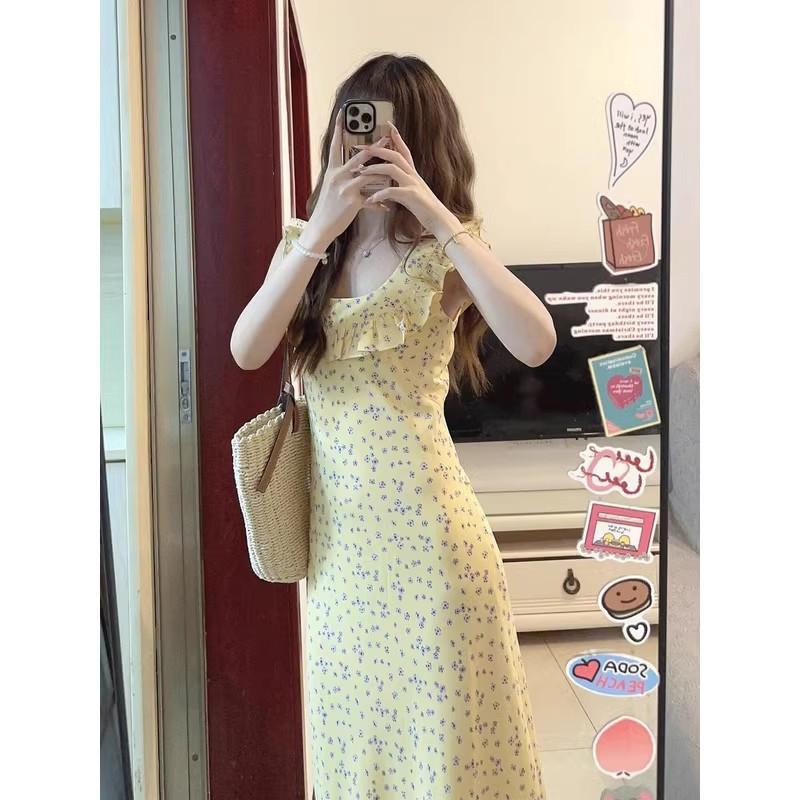 French girl floral medium and long ruffle skirt female sexy slim summer vacation lace suspender dress