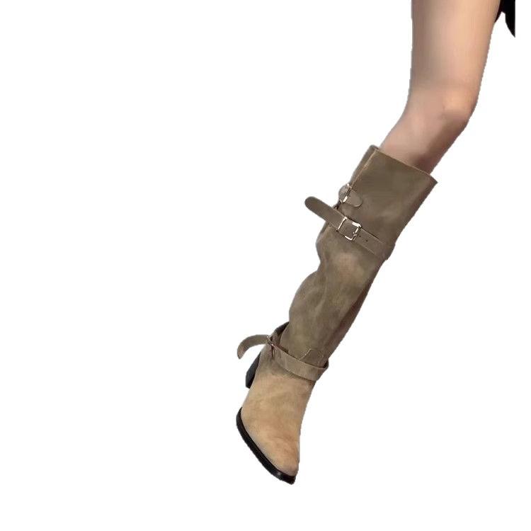 But knee boots women's autumn and winter khaki suede fashion boots women's thick heel thin pleated piled boots