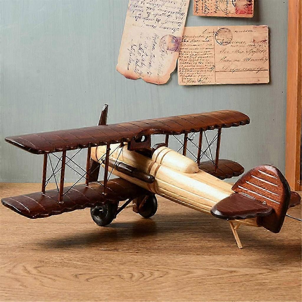 Retro Aircraft Handicraf Wooden Airplane Model,Vintage Biplane Model Desktop Decoration Photo Props
