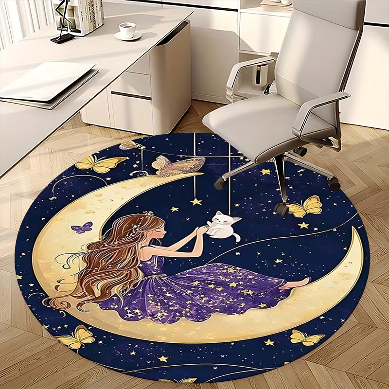 1pc Anime Design Round Carpet Office Chair Mat with Girl, Cat, Butterflies, Stars, Moon Festival Gift for Home Decor